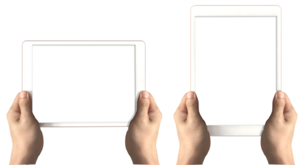Hand holding horizontal vertical view digital computer tablet on transparent background cutout, PNG file. Mockup template for artwork design. Two perspective positions, upright front view	
