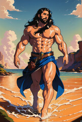 Multicolored illustration of muscular Jesus Christ walking on water in comic book style 