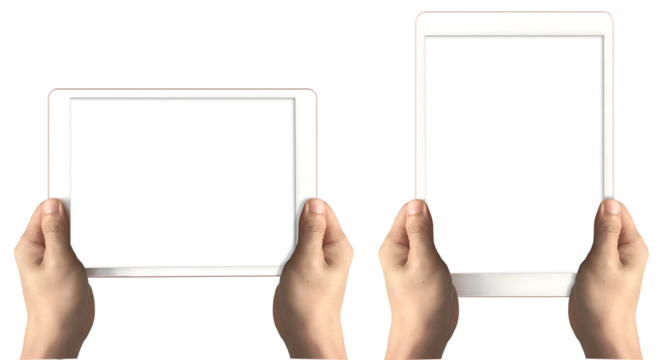 Hand holding horizontal vertical view digital computer tablet on transparent background cutout, PNG file. Mockup template for artwork design. Two perspective positions, upright front view	
