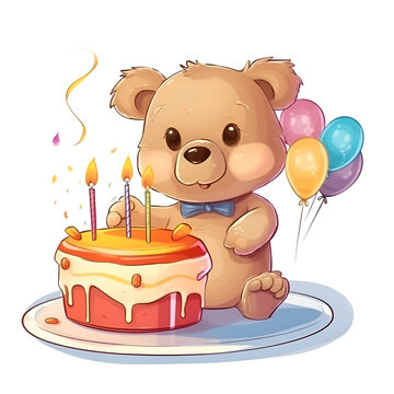 Cute teddy bear with birthday cake. Cartoon vector illustration.