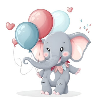 Cute baby elephant with balloons. Vector illustration isolated on white background.