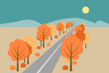 Autumn landscape background with trees, mountains, road, leaves and sun or moon. Countryside vector illustration