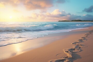 Beach scene with azure waters under a colorful sky, showcasing nature's beauty and the allure of tropical holidays