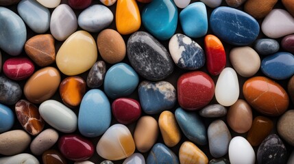 A beautiful assortment of shiny rocks, from smooth quartz to blue agate, captured up close as a decorative wallpaper - obrazy, fototapety, plakaty