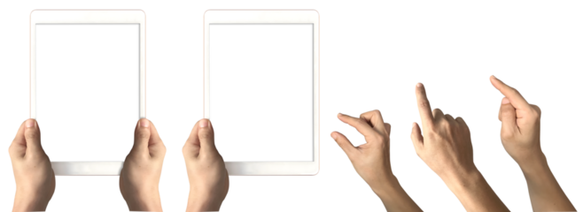 Hand holding of vertical view digital computer tablet with set of fingers pointing on transparent background cutout, PNG file. Mockup template for artwork design. perspective positions, upright front