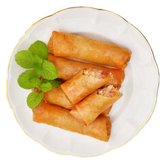 deep fried spring rolls,  or Fried spring rolls  on white plate on transparent.