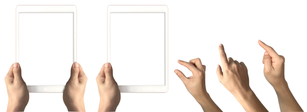 Hand holding of vertical view digital computer tablet with set of fingers pointing on transparent background cutout, PNG file. Mockup template for artwork design. perspective positions, upright front - Powered by Adobe