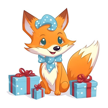 Cute cartoon fox with gift boxes. Vector illustration isolated on white background.