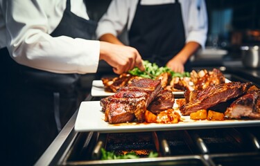 Two chefs in a modern restaurant kitchen prepare grilled pork ribs and beef steak with herbs, ready to serve and eat. Generative AI