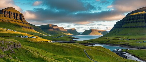 Panoramic view into the bay, Faroe Islands Generative AI. - obrazy, fototapety, plakaty