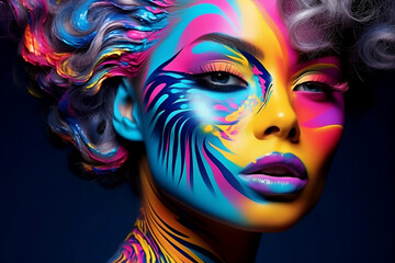 Fashion model woman face with fantasy art make-up. Bold makeup, glance Fashion art portrait, incorporating neon colors. Advertising design for cosmetics, beauty salon. Generative Ai content