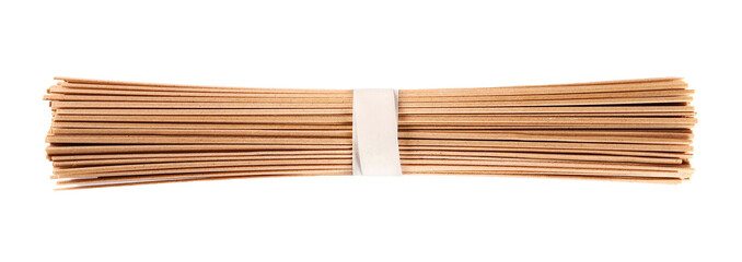 Soba noodles packing, buckwheat and wheat flour pasta isolated on white, top view