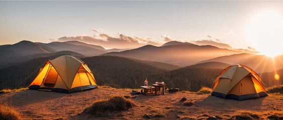 Fotobehang Tourist camp in the mountains, tent in the foreground. generative AI. © Budjak Studio