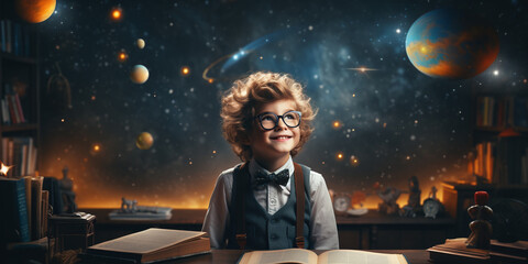 Happy schoolboy at school astronomy lesson, dreaming student, fantasy concept of school education, development and discovery