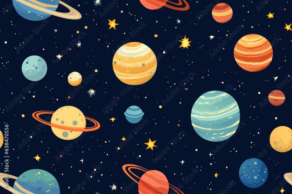 Wall mural seamless pattern with cartoon planets and stars. generative ai
