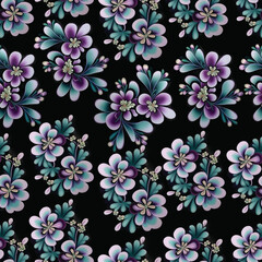 seamless pattern with flowers and leaves black background