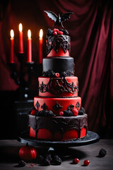 Exquisita tarta gótica recién hecha. Tarta de repostería para Halloween con adornos intrincados. Tarta negra y roja.  creada con herramientas generativas de IA. - obrazy, fototapety, plakaty