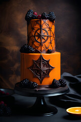 Exquisita tarta gótica recién hecha. Tarta de repostería para Halloween con adornos intrincados. Tarta de chocolate y naranja.  creada con herramientas generativas de IA. - obrazy, fototapety, plakaty