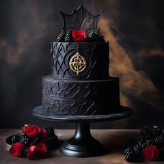 Exquisita tarta gótica recién hecha. Tarta de repostería para Halloween con adornos intrincados. Tarta negra y roja.  creada con herramientas generativas de IA. - obrazy, fototapety, plakaty