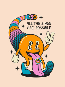 psychedelic emoticon with stamp on the tongue, LSD concept, vector t-shirt print