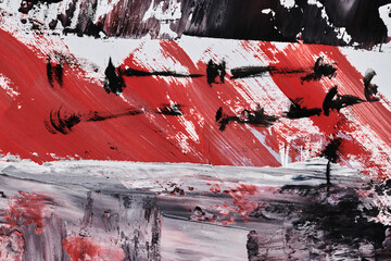 Abstract black red white background. Watercolor ink art collage. Stains, blots and brush strokes of acrylic paint