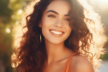 Cute Young Diverse Woman Model in her 20s. Close up portrait of her smiling outdoors. - Beauty and Fashion Business focused