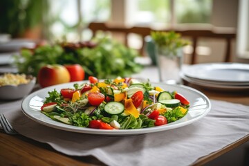 Healthy vegetable salad of fresh tomato, greenery, spinach, lettuce and sesame on plate. AI Generated