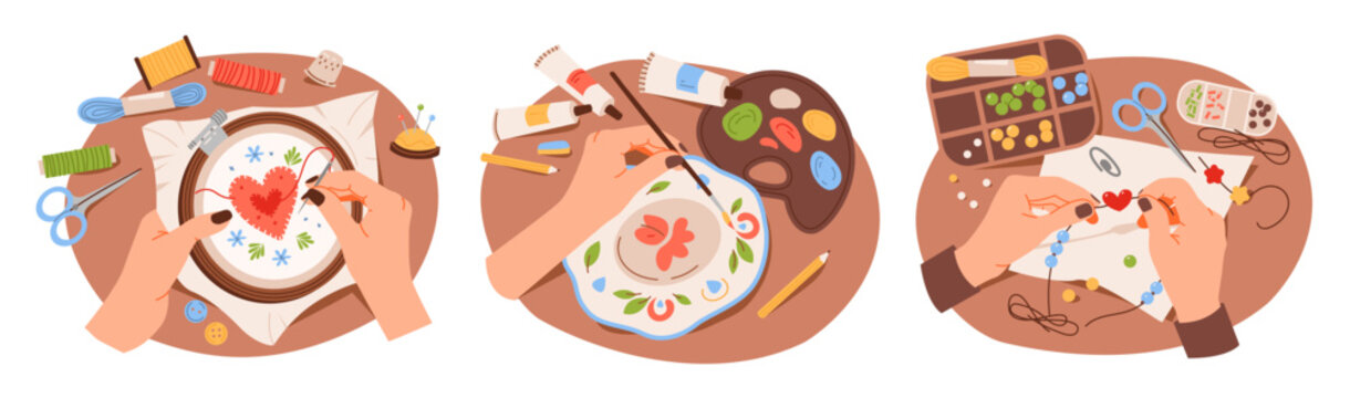 Сraft handmade hobbies. Beading, embroidery, painting of clay products. Human hands doing various craft activities. Flat vector illustration.