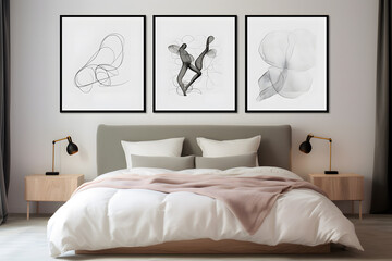 Comfortable modern bedroom with elegant headboard, minimalist poster and decoration. 