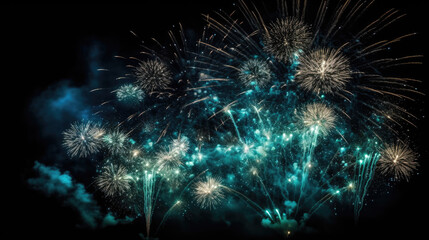 Blue Spectacular Fireworks Show: Multi-Colored Display in Night Sky, Celebratory Vibes, Generative AI