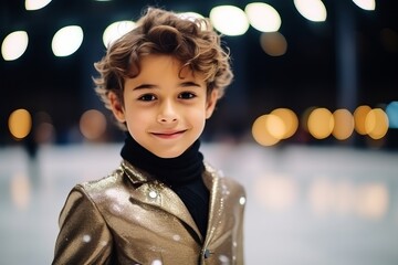 Portrait of a little boy in a golden jacket on the street. - obrazy, fototapety, plakaty