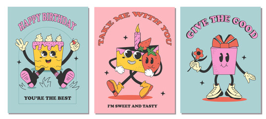 Set of bakery flyers with cartoon comic cake. Retro groovy poster of character sweet. Comic phrase