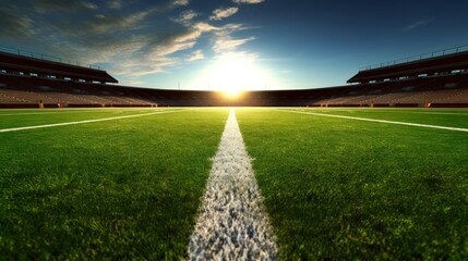 Empty football stadium with green grass field and bright sun in the sky - obrazy, fototapety, plakaty