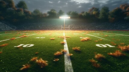 American football field with green grass and goal post. 3d rendering - obrazy, fototapety, plakaty