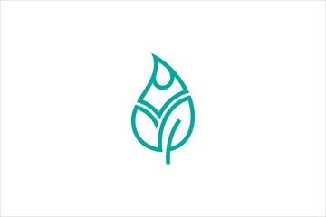 Water drop line art logo design with natural leaf