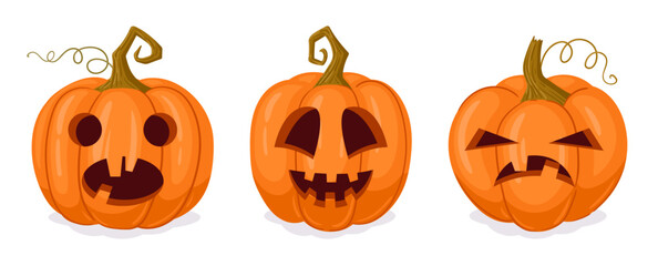 Spooky carved pumpkins faces. Cartoon halloween pumpkin decorations, orange gourd jack-o-lanterns flat vector illustration set. Holidays pumpkins characters
