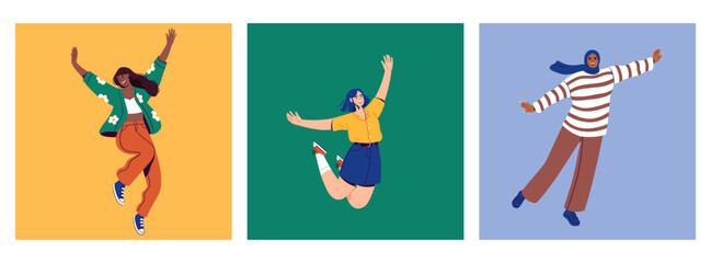 Female characters jump in different poses. Celebration, success, achievement, win concept. Vector illustration.