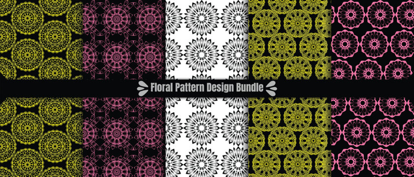 Set of geometric pattern design 5 layout with different colors, Black Background seamless pattern design, For decoration, fabric, textile, wrapping, cover, design etc.
