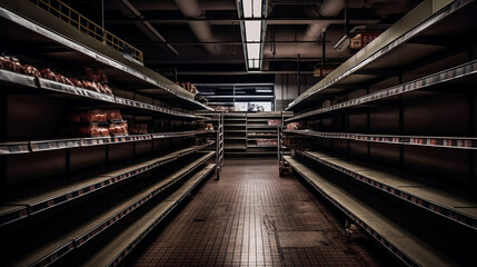 Fototapeta premium Lack of Goods. Barren Shelves. Empty Grocery Store. AI generated