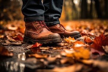 A pair of boots stepping on fallen leaves, capturing the sound of crunchiness - Fall's Signature - AI Generated - Powered by Adobe
