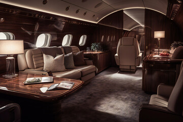 Fototapeta premium Luxurious Living in the Air. Indulgent Interiors of a Private Jet . Generative AI
