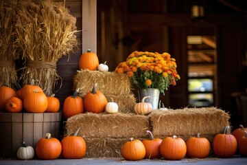 A rustic scene of hay bales, pumpkins, and chrysanthemums - Country Fall - AI Generated
