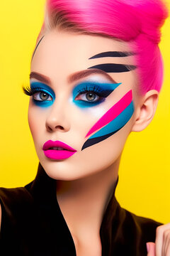 Beauty Portrait With Colorful Makeup.  Vivid Colors.  AI Generated