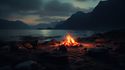 Burning campfire on the lonely overcast beach..Camping on the beach at night. Cloudy, foggy and rainy weather. Moody and dramatic.