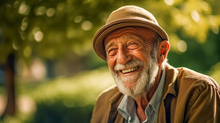 Naklejka na ściany i meble Outdoor portrait of cheerful senior man. AI Generated