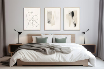 Comfortable modern bedroom with elegant headboard, minimalist poster and decoration. 