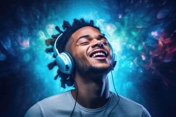 Young man wearing headphones, listening fully immersed in the music - Music and relaxation - AI...
