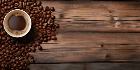 Coffee cup and coffee beans on wooden table. Top view with copy space