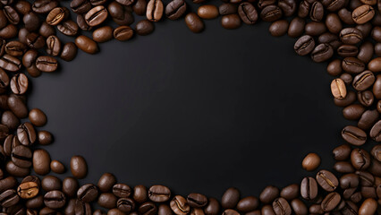 Coffee beans on a black background with space for text.