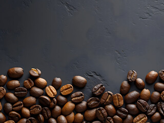 Coffee beans on black background. Top view with copy space